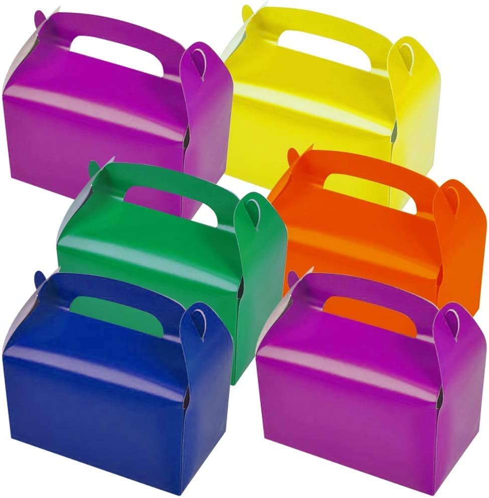 Assorted Bright Color Treat Boxes for Candy, Cookies and Party Favors - Pack of 12 Cookie Boxes, Cute Cardboard Boxes with Handles for Wedding Candy, Birthday Favors, Holiday Goodies