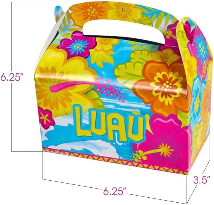 Luau Treat Boxes for Candy, Cookies and Party Favors - Pack of 12 Cookie Boxes, Cute Cardboard Boxes with Handles for Birthday Party Favors, Holiday Goodies