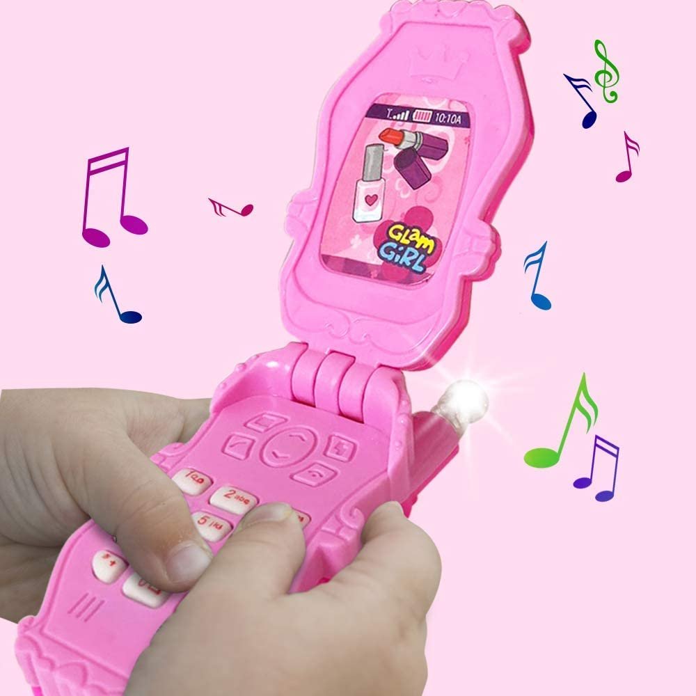 Pretend Play Flip Cell Phones for Kids, Toddlers - 6 Pack, Cellphone Toy with Songs, Ringtones, Funny Messages and LEDs, Birthday Party Favors and Gifts for Girls - Pink and White