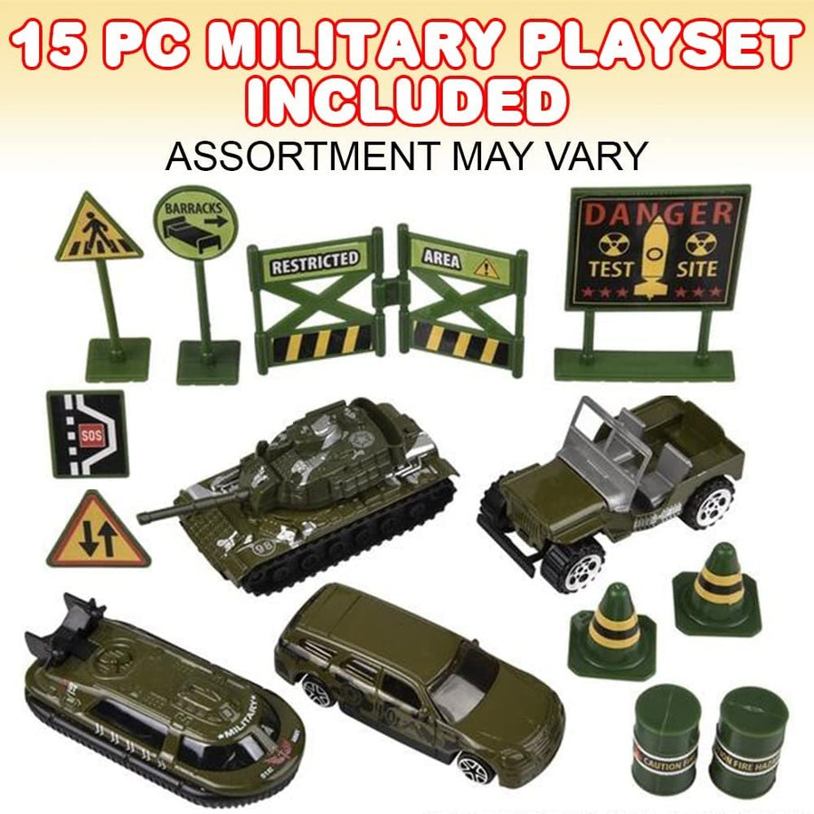 Diecast Military Playset for Kids, 15-Piece Set with Army Trucks, Signs, Gas Cans and More, Imagination-Sparking Army Toys for Boys and Girls, Durable Army Truck Playset