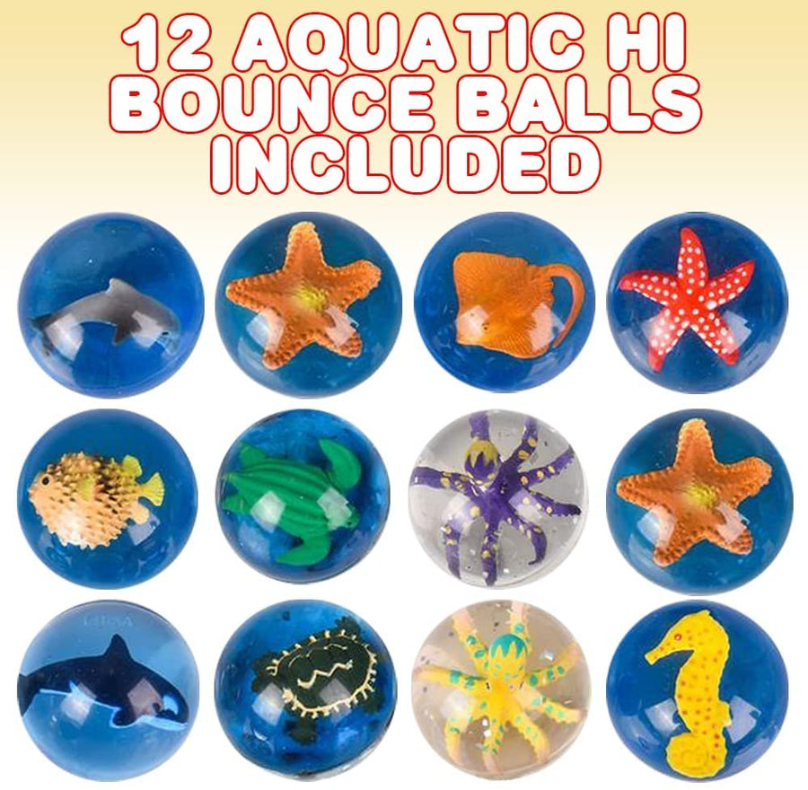 Aquatic High Bounce Balls, Set of 12, Balls for Kids with 3D Sea Creatures Inside, Outdoor Toys for Encouraging Active Play, Dinosaur Party Favors and Pinata Stuffers for Boys and Girls