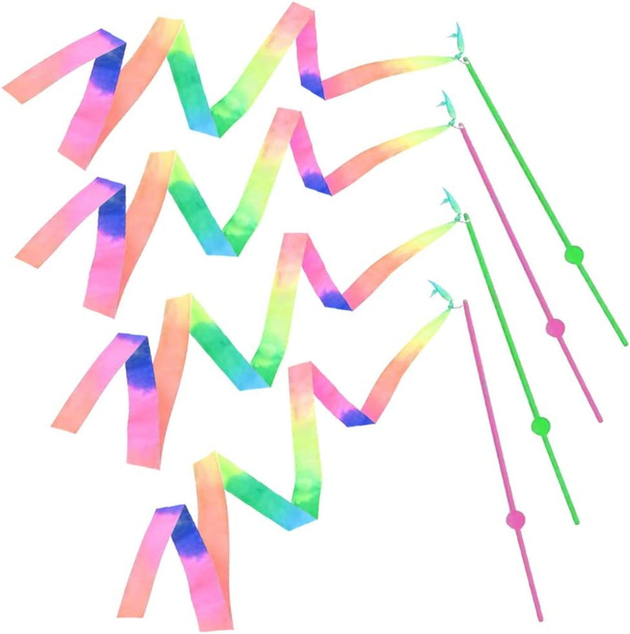 Rainbow Dance Ribbon Streamers for Kids, Set of 4, Twirling Ribbons for Dancing, Marching Band, Exercise, Pretend Play, Gymnastics Party Favors, Dance Party Decorations