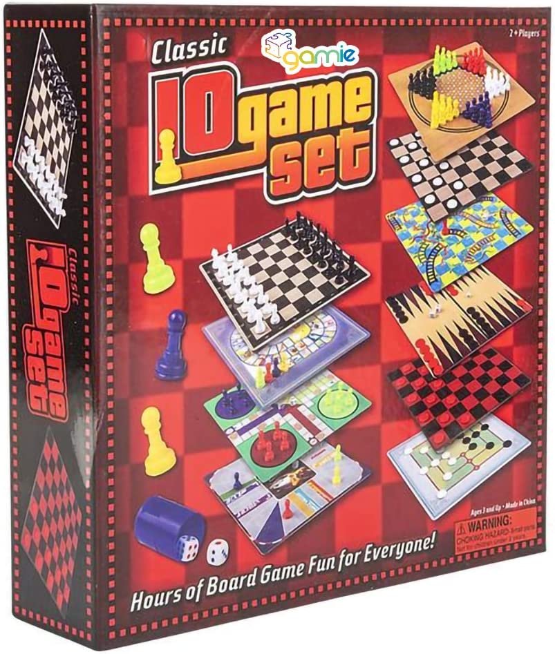 Gamie 10 in 1 Board Game Set, Travel-Friendly Family Board Game Set with Backgammon, Chinese Checkers, Snakes and Ladders, Game of The Goose, Sorry, Draught, Racing, Chess and More