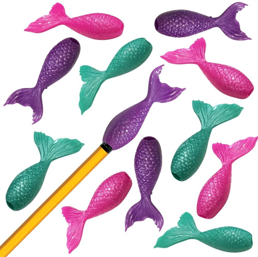 Mermaid Tail Pencil Toppers, Set of 12, Mermaid Party Favors and Classroom Prizes for Kids, Great Back to School Gifts for Boys and Girls, Durable Mermaid Pencil Tops