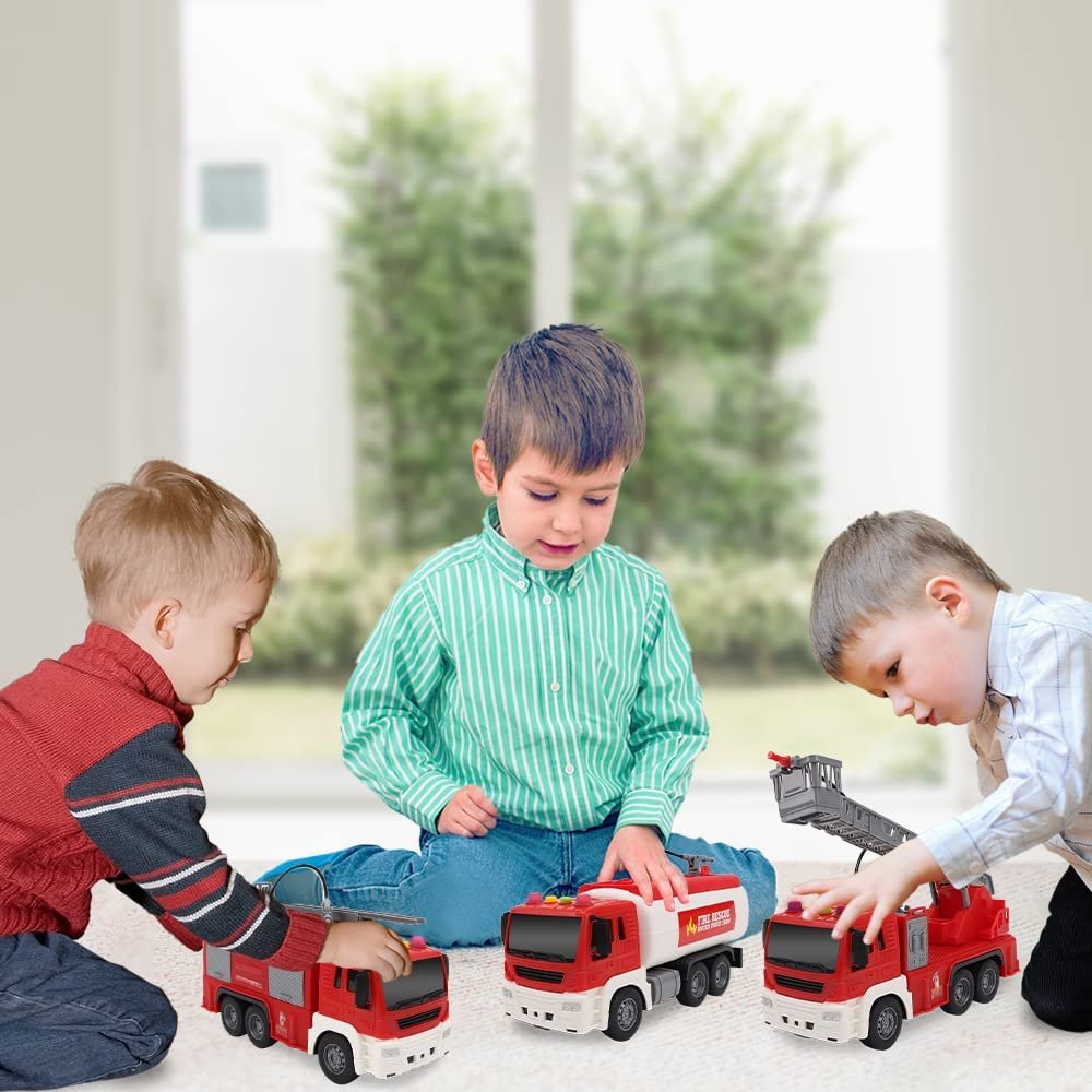 Light Up Fire Trucks for Kids, Set of 3, Includes Ladder Truck, Tanker Truck, & Engine Truck, Fire Trucks with Real Water Spraying, LEDs, & Sound, Push n Go Fire Trucks for Boys & Girls