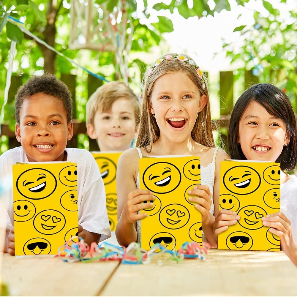 Emoticon Party Favor Bags, Pack of 12, Emoticon Themed Goodie Gift Paper Bags, Durable Treat Bags, Emoticon Party Supplies and Favors for Birthday, Baby Shower, Holiday Goodies