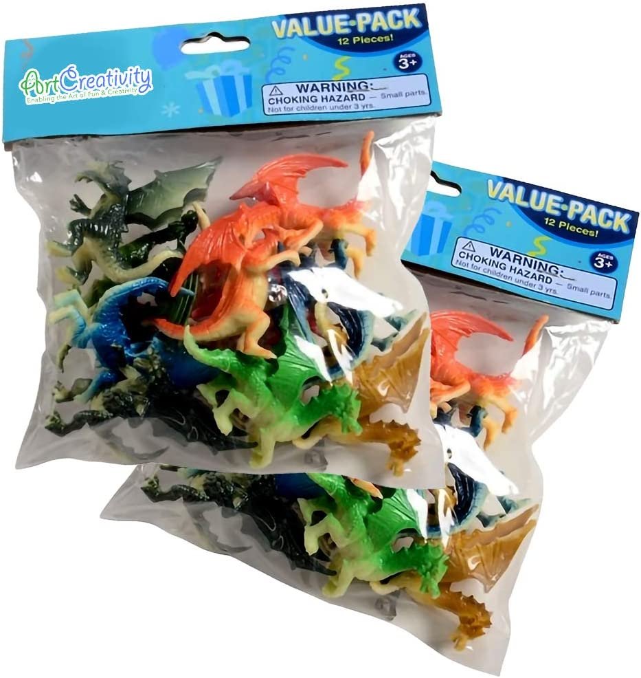 Mini Dragons, Pack of 24, Colorful Assorted Designs, Dragon Figurines Party Favors, Piñata Fillers, Cake and Cupcake Toppers, Stocking Stuffers, Toys for Boys and Girls Ages 3+