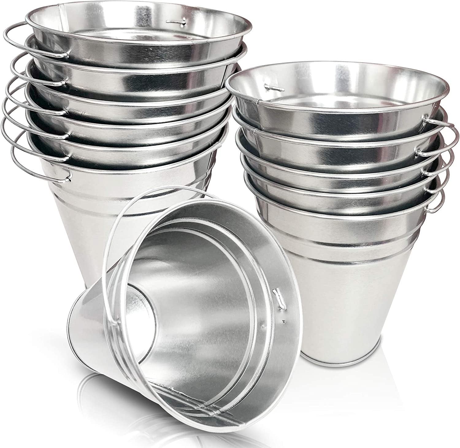 Large Galvanized Metal Buckets with Handles, 4.5" W x 5" H, 12 Pack, Metallic Pails for Party Favors, Rustic Wedding Decoration, Centerpieces for Party, Ice Bucket, Vase, Garden Planters