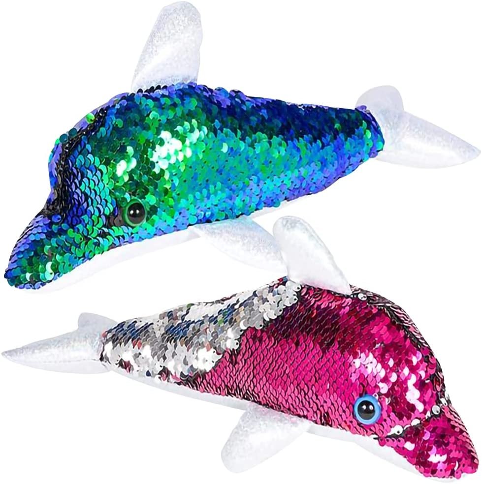 ArtCreativity Flip Sequin Dolphin Plush Toy, Set of 2, Soft Stuffed Dolphins with Color Changing Sequins, Cute Home and Nursery Animal Decorations, Calming Fidget Toy for Girls and Boys, 12 Inches