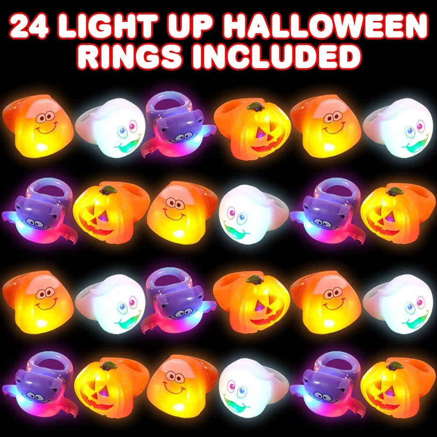 Halloween Light Up Rings for Kids, Set of 24, Flashing Accessories for Boys and Girls in Assorted Designs, Trick or Treat Supplies, Great Halloween Party Favors, Goodie Bag Fillers