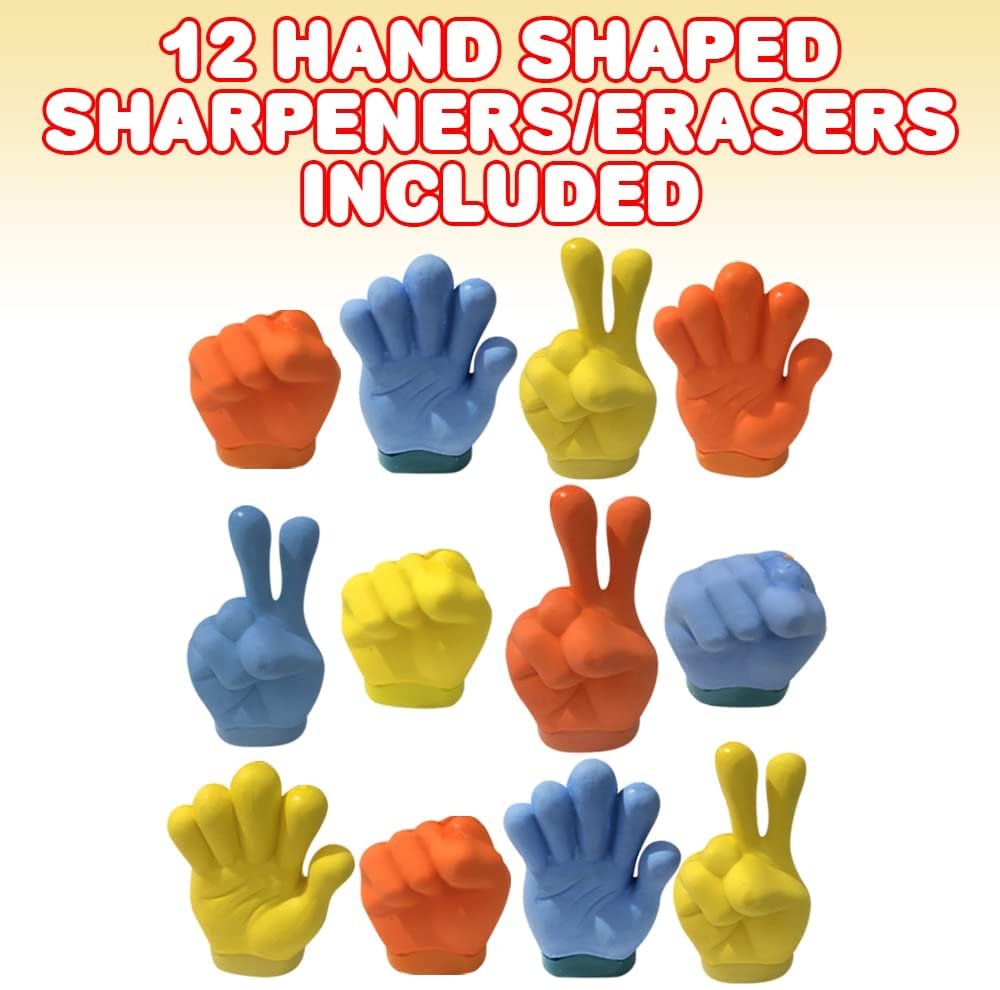 Hand Shaped Erasers with Sharpeners, Set of 12, Esthetic School Supplies for Kids, Unique Party Favors for Boys and Girls, Pinata Fillers, Teacher Awards, and Holiday Stocking Stuffers