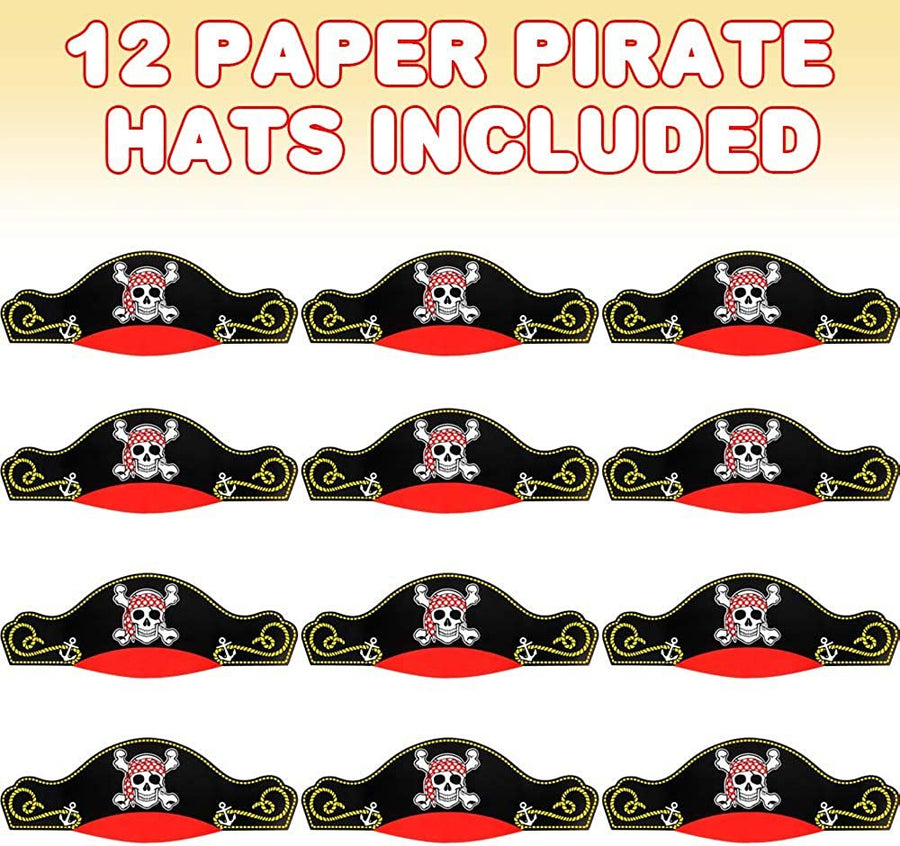 Paper Pirate Party Hats for Kids, Set of 12, Pirate Party Supplies, Hats with Skull Wearing Red Bandana, Cool Pirate Birthday Party Favors, Goodie Bag Fillers for Kids and Adults