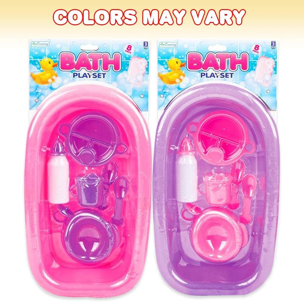 Baby Doll Bath Playset, 8PC Baby Doll Accessories Set, Includes Mini Bathtub, Bottle, Sippy Cup, Plate and More, Cute Doll Toys for Girls, Great Birthday Gift for Kids