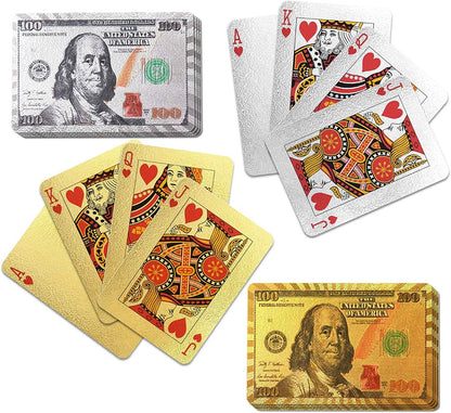 Gamie Silver and Gold $100 Bill Playing Cards, 2 Decks, Waterproof Playing Cards for Kids, Adults and Poker, Vegas Party Decorations, Casino Birthday Party Favors, 3.5 x 2.25 Inches