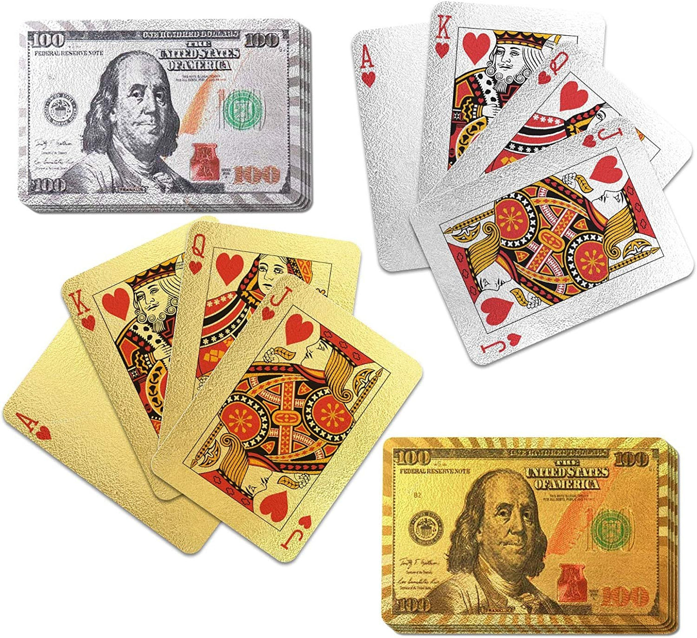 Gamie Silver and Gold $100 Bill Playing Cards, 2 Decks, Waterproof Playing Cards for Kids, Adults and Poker, Vegas Party Decorations, Casino Birthday Party Favors, 3.5 x 2.25"es