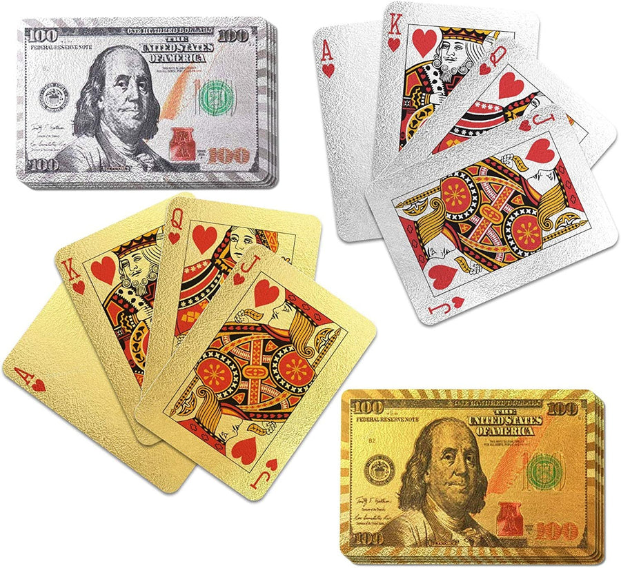 Gamie Silver and Gold $100 Bill Playing Cards, 2 Decks, Waterproof Playing Cards for Kids, Adults and Poker, Vegas Party Decorations, Casino Birthday Party Favors, 3.5 x 2.25"es