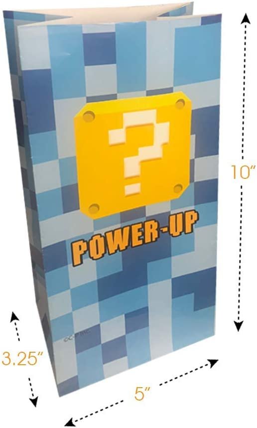 Power Up Party Favor Bags, Pack of 12, Video Game & Pixel Themed Goodie Gift Paper Bags, Durable Treat Bags, Party Supplies and Favors for Birthday, Baby Shower, Holiday Goodies