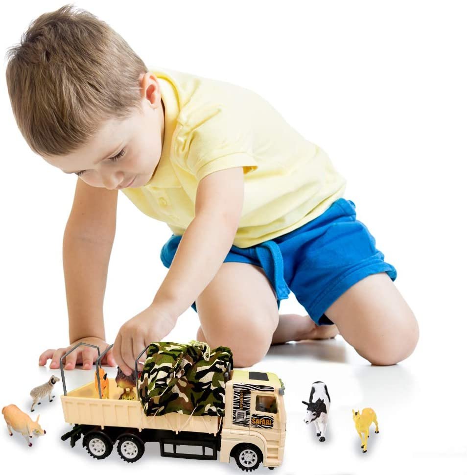 ArtCreativity Push and Go Transportation Safari Truck - Unique Animal Figurines Storage - Durable Plastic Truck with Fabric Cover - Best Birthday for Boys and Girls, Carnival Prize