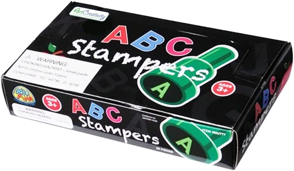 Alphabet Stampers for Kids, Set of 26, Self-Inking Stamps with Blue Ink, Alphabet Learning Toys with Brightly Colored Cases, Arts and Crafts Supplies for Boys and Girls, Great Gift Idea