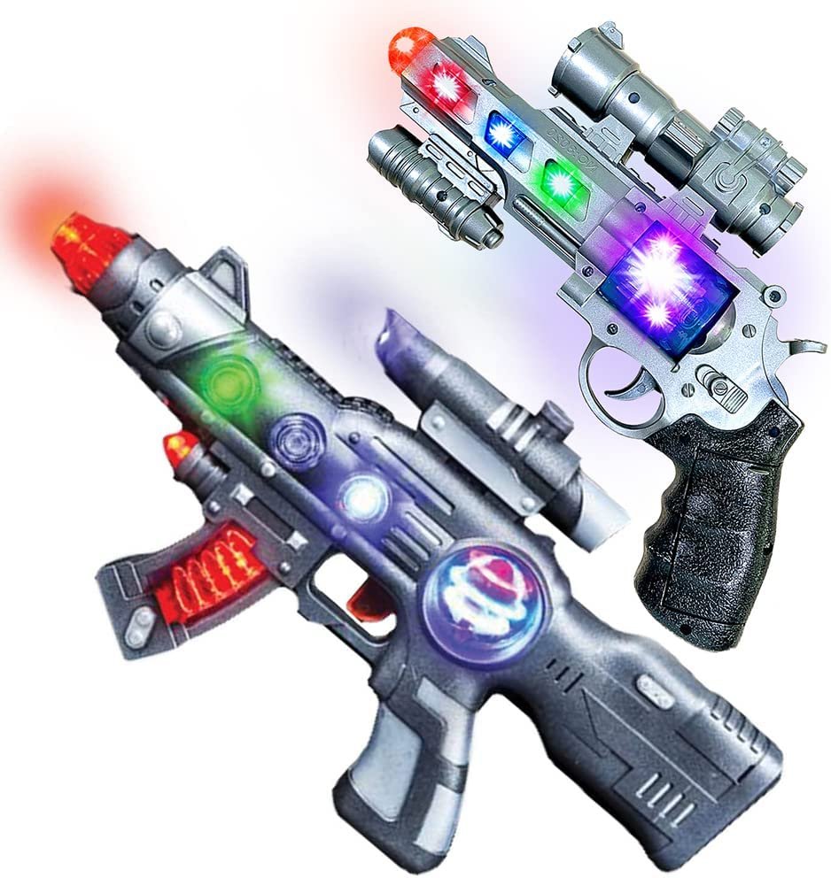LED Light Up Toy Gun Set by Art Creativity - Includes 12.5 Inch Assault Rifle, 9 Inch Hand Pistol and Batteries - Super Ray Gun Blasters with Colorful Flashing LEDs and Sound - Cool Play Toy for Kids