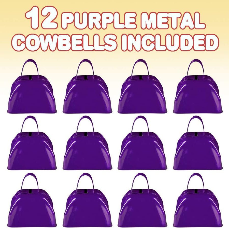 3" Purple Metal Cowbell Noisemakers - Pack of 12 - Loud Metal Cowbell Noise Makers with Handles, Great for Football Games, Sporting Events, New Year’s Eve, for Kids and Adults
