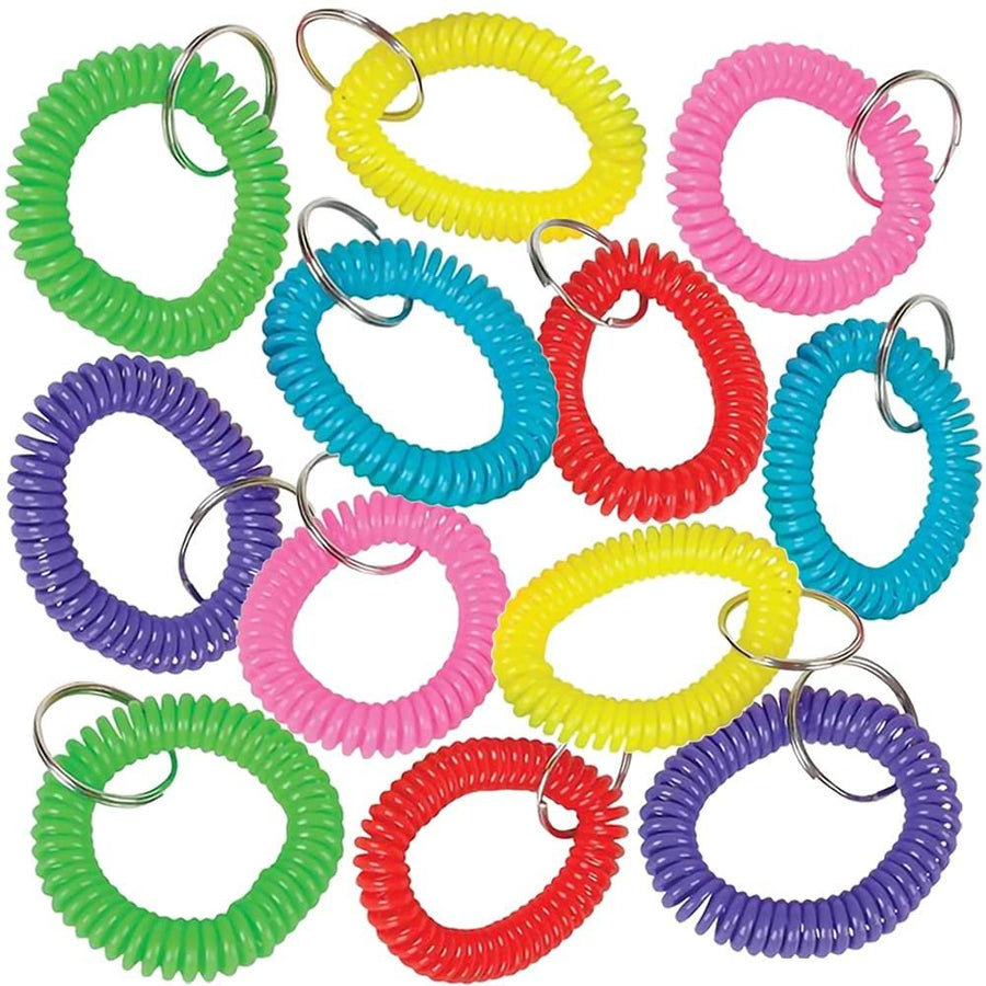 Spiral Keychains for Kids, Set of 12, Stretchy Coil Spring Keyholders in 6 Different Colors, Double As Wrist Bracelets for Girls and Boys, Party Favors and Goody Bag Fillers