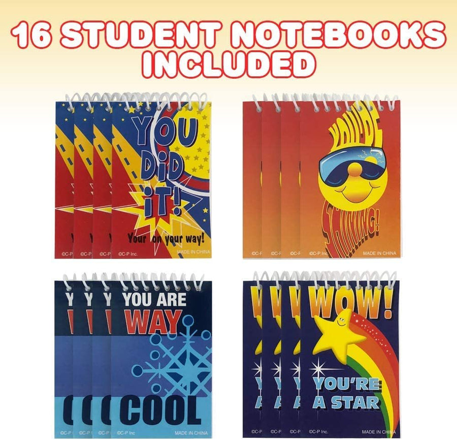 Mini Motivational Student Notebooks, Pack of 16, Small Spiral Notepads with Colorful Covers, Cute Back to School Supplies, Fun Birthday Party Favors, Goodie Bag Fillers for Kids