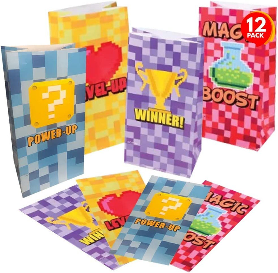 Power Up Party Favor Bags, Pack of 12, Video Game & Pixel Themed Goodie Gift Paper Bags, Durable Treat Bags, Party Supplies and Favors for Birthday, Baby Shower, Holiday Goodies