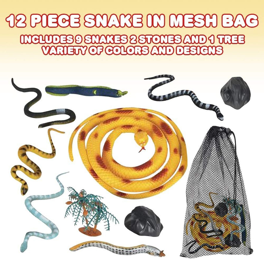 Snake Play Set in Mesh Bag, Pack 12 Snake Figurines in Assorted Designs, Bath Water Toys for Kids, Party Décor and Party Favors for Boys and Girls