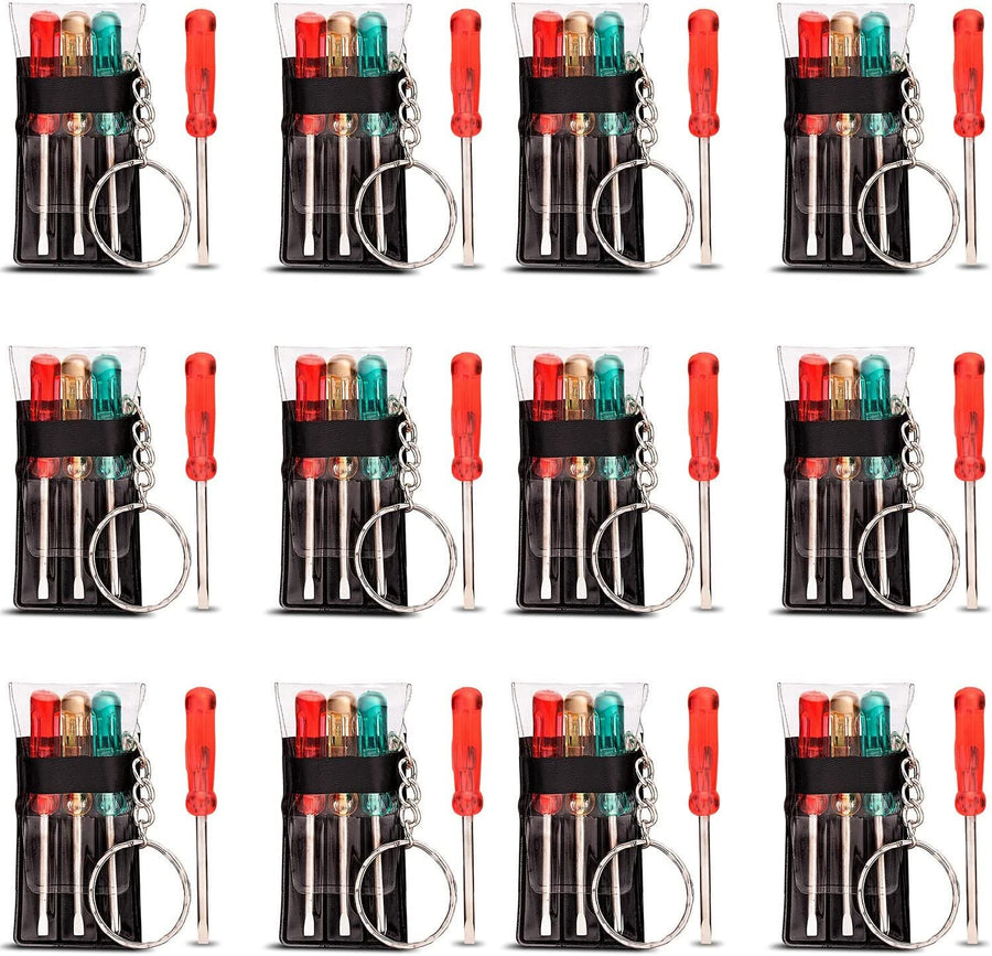 Mini Screwdriver Set with Keychain - Set of 12 - Each Set Includes 3 Screw Drivers in a Portable Pouch - Cool Party Favor - Goodie Bag Filler