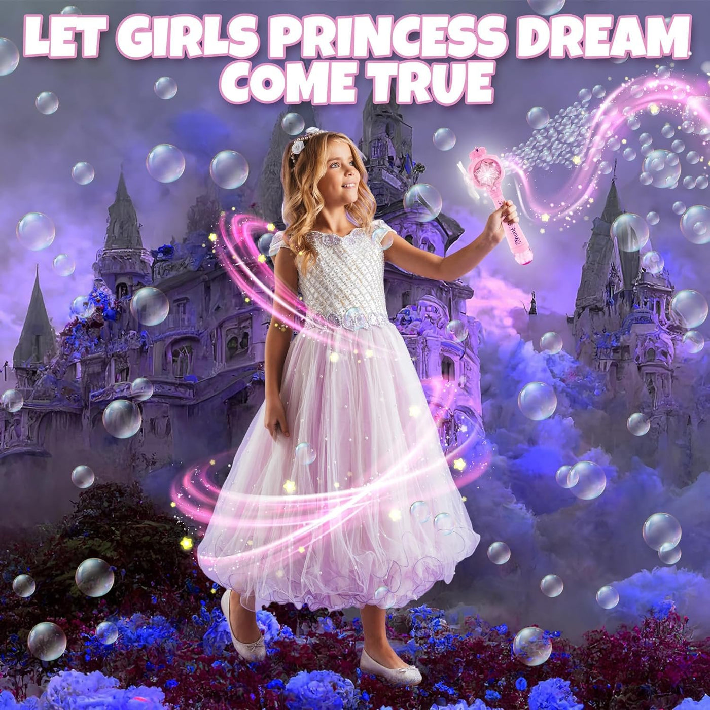 Light Up Princess Magic Bubble Blower Wand with Detachable Windmill, Princess Wand for Girls with 2 Bottles of Bubble Solution, LED Effects, & Music, Fun Pretend Play Prop, Birthday Gift