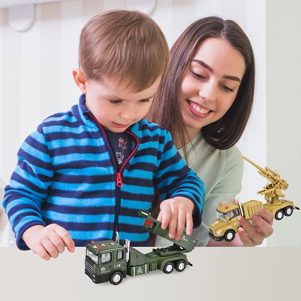 Light Up Army Toy Trucks with Sound, Set of 6, Pullback Toy Military Vehicles with Functional Parts, Classic Army Toys for Boys and Girls, Military Party Decorations and Favors