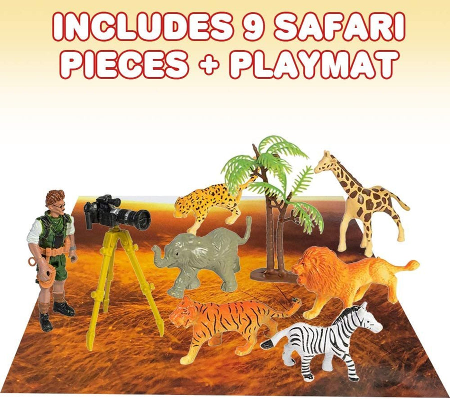 Safari Researcher Pretend Play Set for Kids, Toy Set with Explorer Figurine, Camera, Tripod, Play Mat, Tree, and 6 Animal Figures, Safari Cake Topper, Best Birthday Gift for Boys & Girls