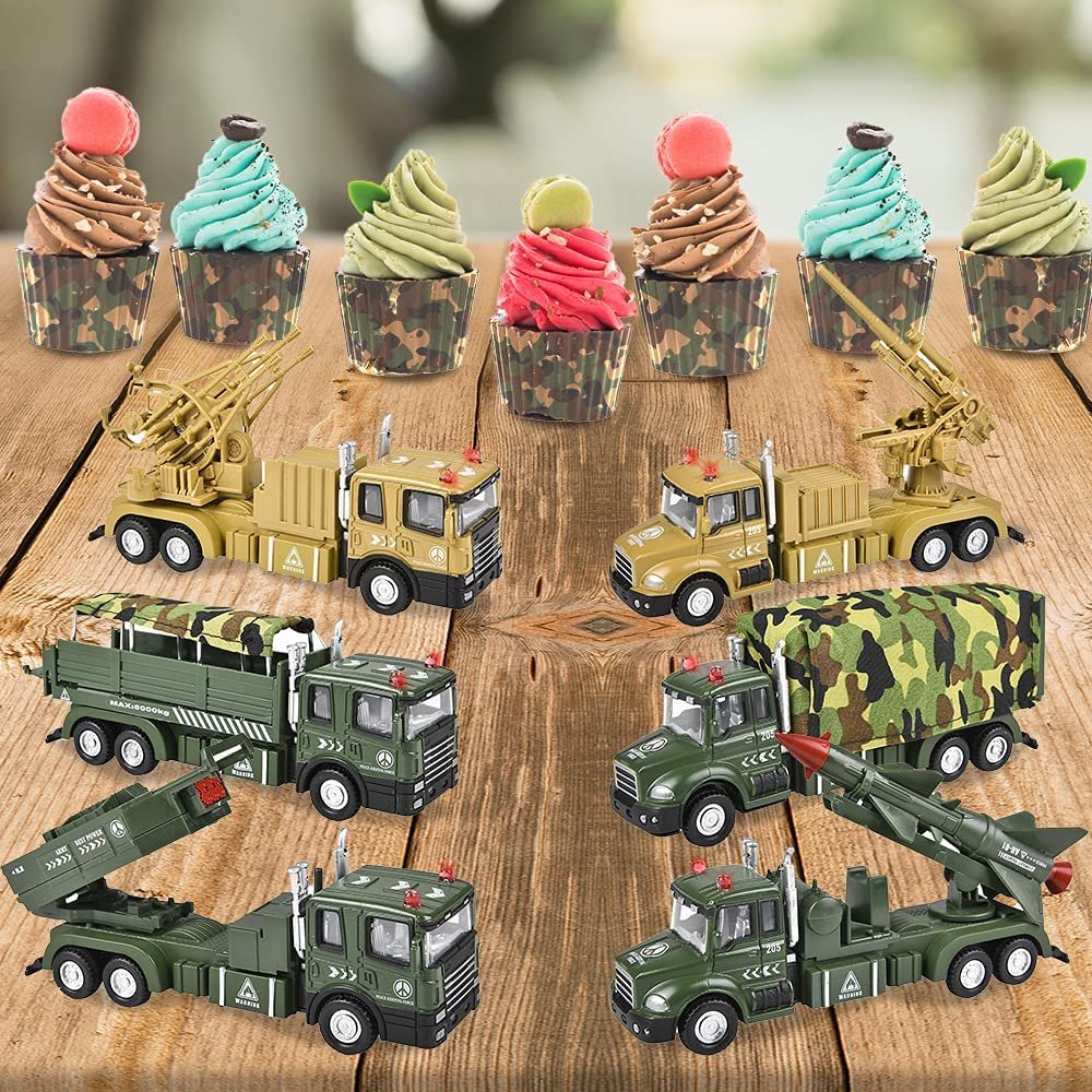 Light Up Army Toy Trucks with Sound, Set of 6, Pullback Toy Military Vehicles with Functional Parts, Classic Army Toys for Boys and Girls, Military Party Decorations and Favors