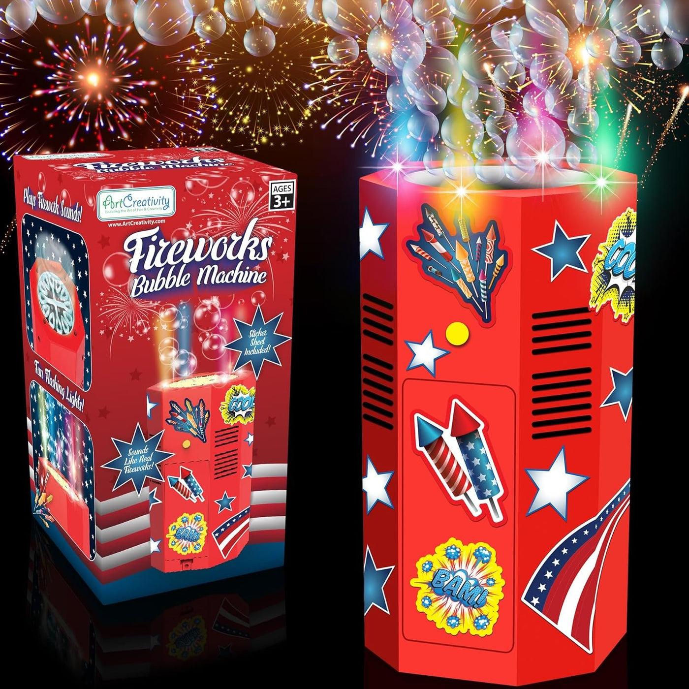 Fireworks Bubble Machine - Electric Bubble Blower with Sound & LEDs - 4th of July Party Supplies