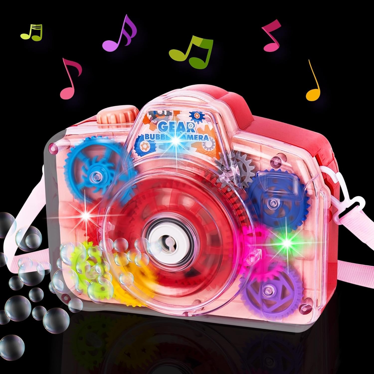 Bubble Camera Gear Toy, Toy Camera Bubble Machine with 9 Moving Gears, Neck, and Bubble Solution - Small Bubble Machine with Music and Lights for Extra Fun, Cute Bubble Makers for Kids
