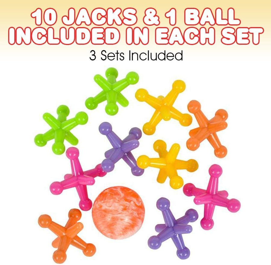 Large Neon Jacks Game, 3 Sets, Each Set with 10 Plastic Jacks and 1 Marbleized Rubber Ball, Vintage Toys, Fun Activity for Kids, Birthday Party Favors for Boys and Girls