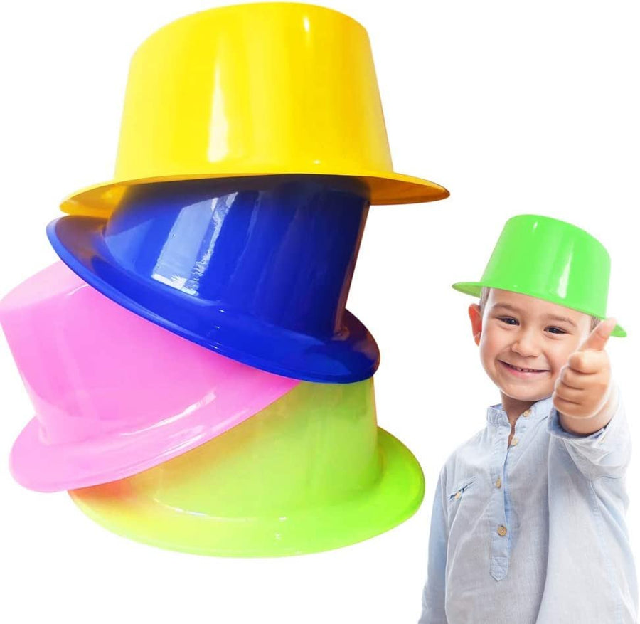 Neon Plastic Top Hats, Set of 12, Vibrant Party Hats for Kids, Durable and Comfortable, Neon Supplies and Accessories for Birthday Party, Wedding, Mardi Gras, Halloween