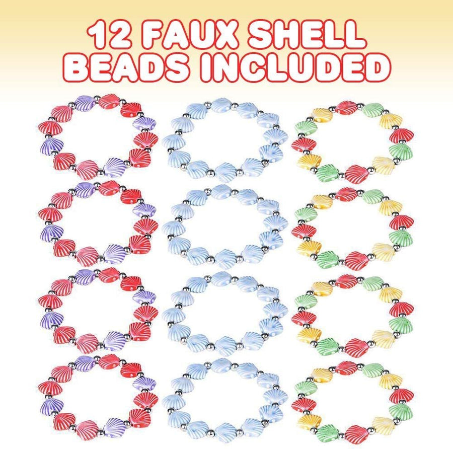 Faux Shell Bead Bracelets - Pack of 12 Stretch Novelty Wristbands in Assorted Color Combos - Fun Party Favor, Carnival Prize - Mermaid Fashion Bracelets for Kids and Adults