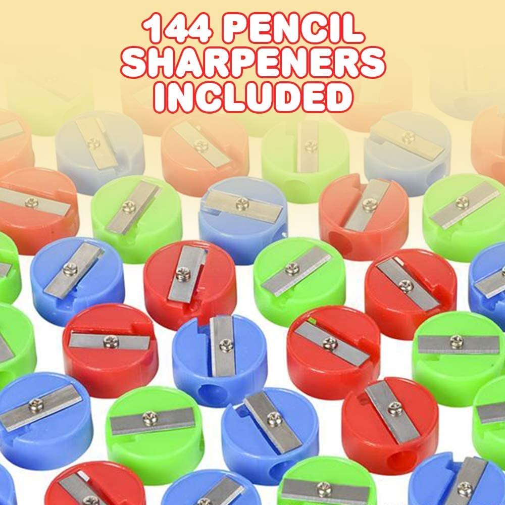 Round Pencil Sharpeners, Bulk Pack 144, Colorful Plastic Manual Sharpeners, Back to School Supplies for Kids, Cool Stationery Birthday Party Favors, Classroom Teacher Rewards and Prizes