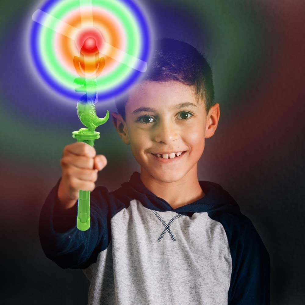Light Up Spinning Dinosaur Toy Wand for Kids, LED Spin Toy Wand for Boys and Girls, Light & Sound, Batteries Included, Fun Gift Idea for Boys and Girls, Dinosaur Birthday Party Favor,