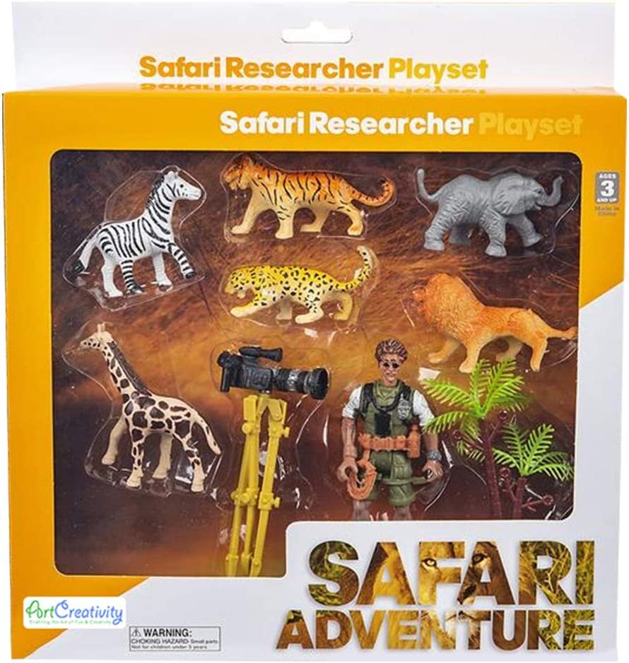 Safari Researcher Pretend Play Set for Kids, Toy Set with Explorer Figurine, Camera, Tripod, Play Mat, Tree, and 6 Animal Figures, Safari Cake Topper, Best Birthday Gift for Boys & Girls