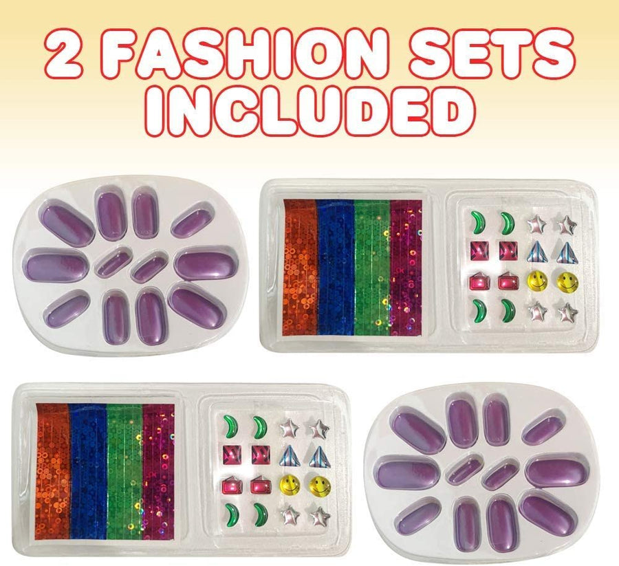Fashion Nail Set for Girls, Set of 2, Nail Kits for Girls with Stick-On Earrings, Nails, and Eyeliner, Fashion Accessories for Pretend Play Dress-Up, Fun Princess Party Favors and Gifts