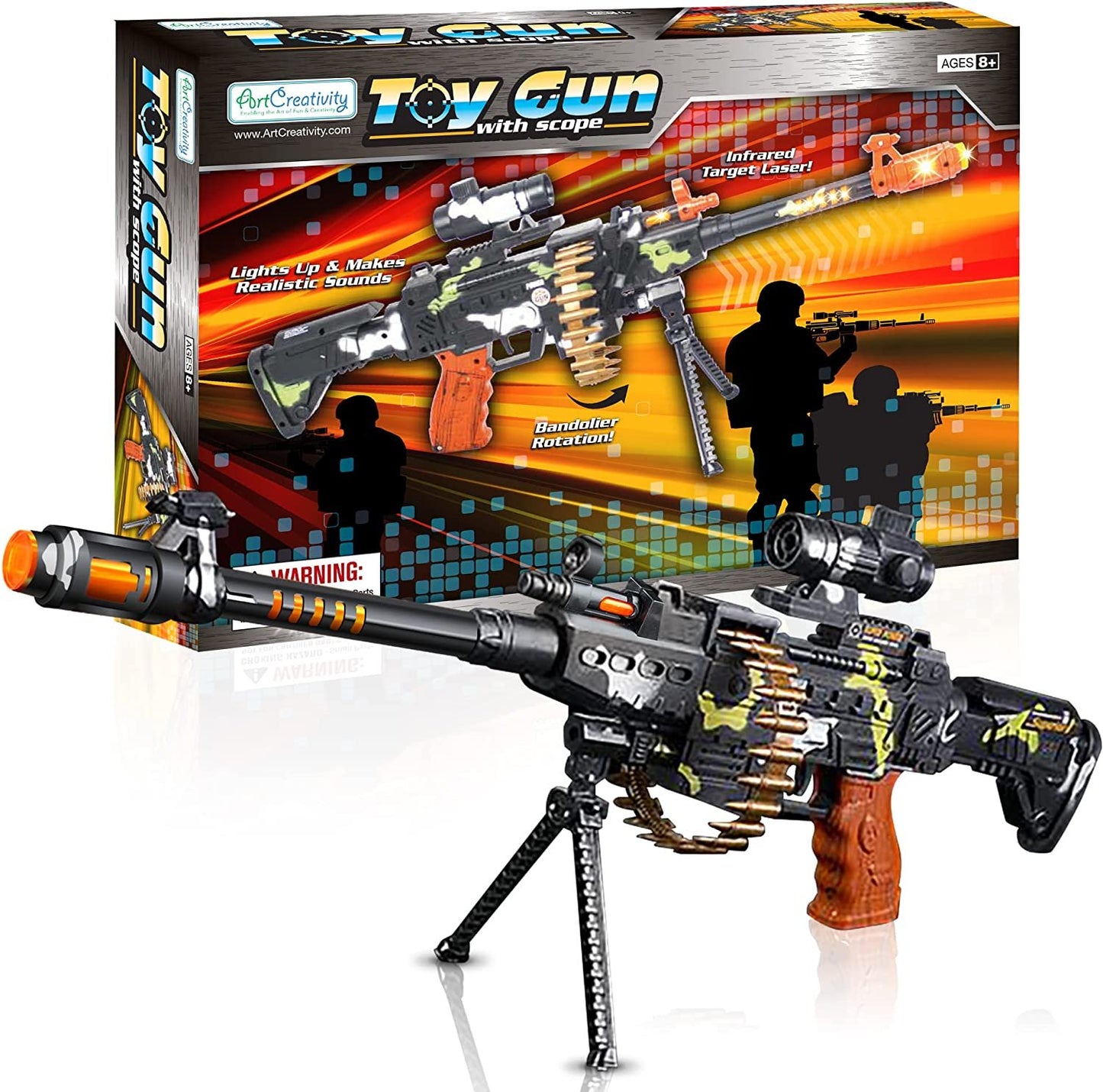 Toy Machine Gun with Scope, Stand and Carrying Strap by ArtCreativity - Flashing Lights, Sounds and Unique Revolving Rounds - Thrilling 25 Inch Submachine Gun Toy - Great Gift Idea for Boys and Girls