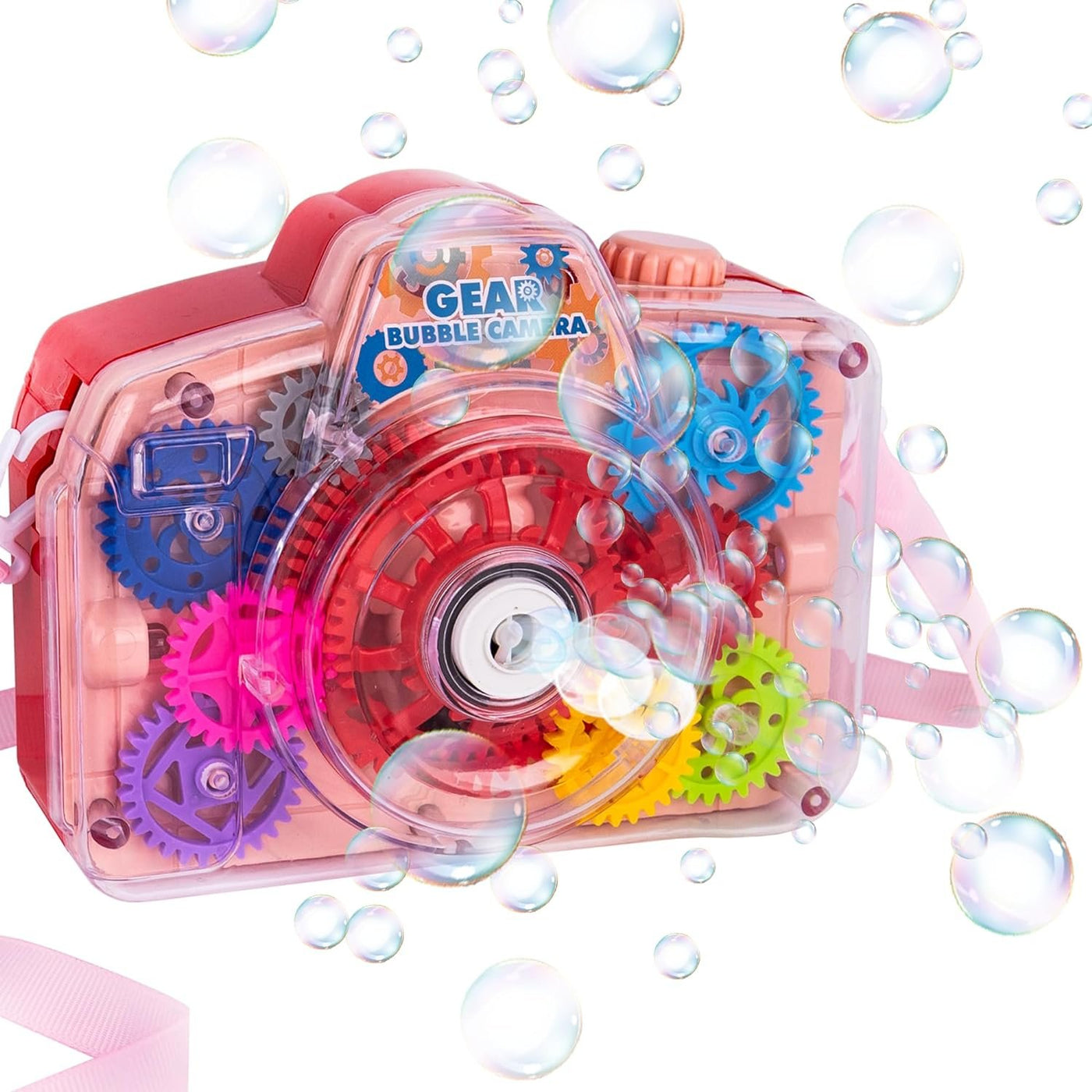 Bubble Camera Gear Toy, Toy Camera Bubble Machine with 9 Moving Gears, Neck, and Bubble Solution - Small Bubble Machine with Music and Lights for Extra Fun, Cute Bubble Makers for Kids