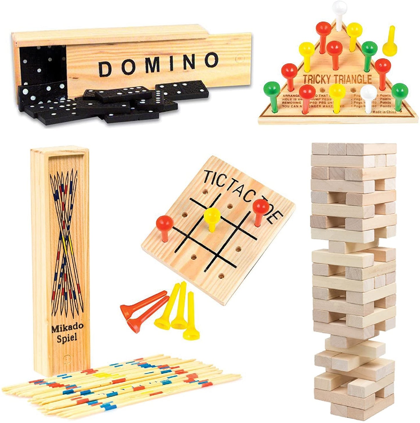Wooden Game Set by GamieTM - 5 Fun Games for Kids and Family - Includes Tic-Tac-Toe, Tower, Domino, Triangle, Pick-up Stick - Compact Size - Best Gift for Boy or Girl 5+.