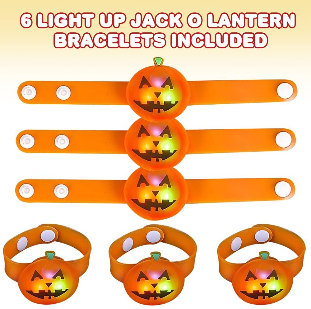 Light Up Halloween Bracelets, Set of 6, Jack o Lantern Wristbands for Kids with 3 Light-Up Modes, LED Halloween Costume Accessories, Halloween Party Favors and Non-Candy Treats