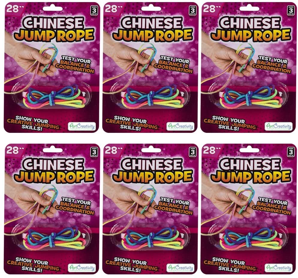 Chinese Jump Ropes, Set of 6, Elastic Playground Skipping Ropes for Kids, Outdoor Toys for Girls and Boys in Rainbow Colors, Great as Goodie Bag Stuffers and Birthday Party Favors