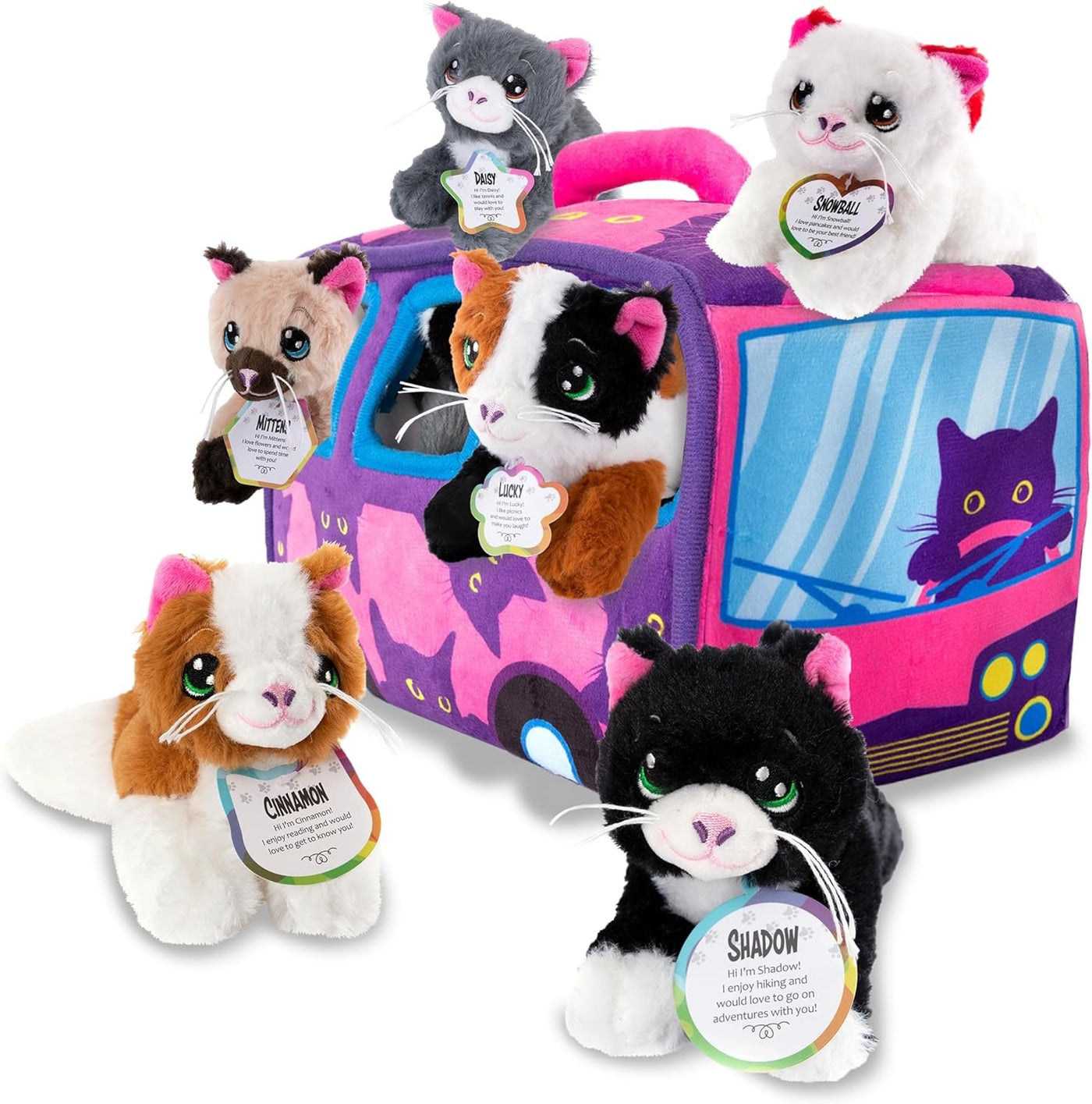 Kitten Stuffed Animals, 6 Stuffed Cat Plush with Carrier Bus House Playset, Kitty Toys Birthday Gifts for Girls and Boys, Stuffed Animals in Bulk for Classroom Party, Travel Road Trip