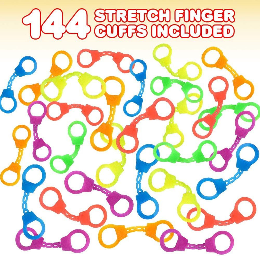 Mini Stretch Finger Cuffs for Kids - Pack of 144 - Rubber Hand Cuffs for Fingers - Police Theme Party Supplies, Neon Party Favors, Goodie Bag and Pinata Fillers - Assorted Vibrant Colors